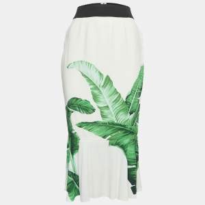Dolce & Gabbana White Banana Leaf Print Crepe Flared Hem Midi Skirt S