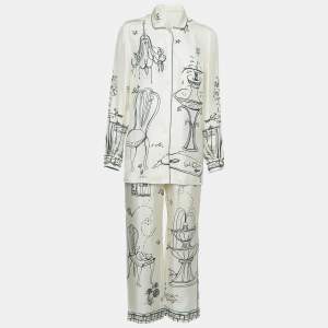 Dolce & Gabbana Off-White Cage Bird Print Silk Pajama Top and Pants Set S