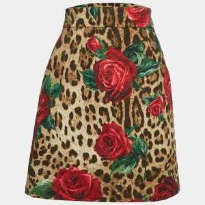 Dolce & Gabbana Brown Leopard and Rose Print Jacquard Mini Skirt S