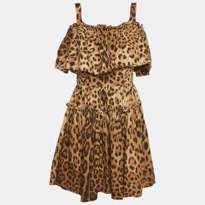 Dolce & Gabbana Brown Leopard Print Cotton Tiered Cold-Shoulder Mini Dress M