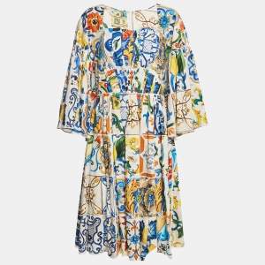 Dolce & Gabbana Blue/Yellow Majolica Print Poplin Tiered Midi Dress L