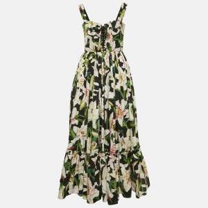 Dolce & Gabbana Black Floral Print Poplin Lace-Up Corset Midi Dress XS
