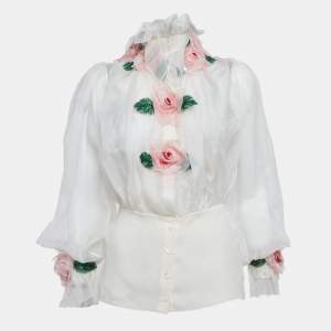 Dolce & Gabbana White Floral Applique Organza Silk Sheer Blouse XS