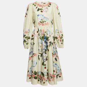 Dolce & Gabbana Light Green Floral Print Cotton Midi Dress L