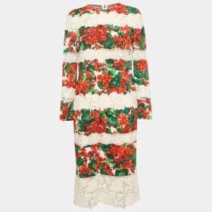 Dolce & Gabbana Multicolor Floral Print Crepe Lace Panel Detail Midi Dress XL