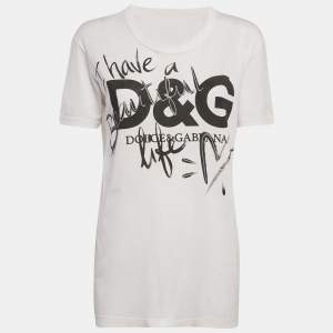 Pre Owned Dolce & Gabbana White Logo Print Cotton Crew Neck T-Shirt S