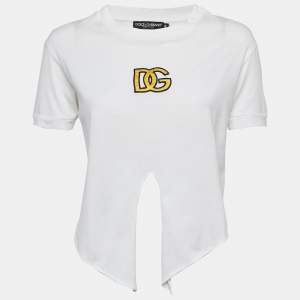 Pre Owned Dolce & Gabbana White Logo Embroidered Jersey Crop T-Shirt S