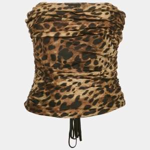 Dolce & Gabbana x Skins Brown Leopard Print Silk Lace-Up Bandeau Corset Top M