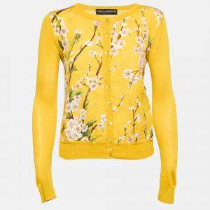 Dolce & Gabbana Yellow Printed Silk Blend Button Front Cardigan S