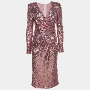 Dolce & Gabbana Pink Metallic Sequin Mesh Draped Midi Dress M