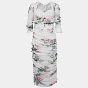 Dolce & Gabbana White Floral Print Tulle Ruched Midi Dress L