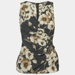 Dolce & Gabbana Dark Grey Floral Print Silk Blend Draped Top S