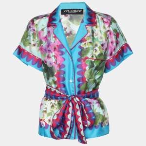 Dolce & Gabbana Multicolor Floral Print Silk-Twill Belted Tops XS