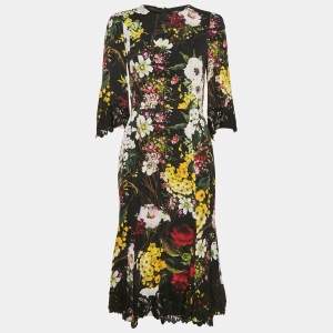 Dolce & Gabbana Black Floral Print Silk Lace Trim Midi Dress M