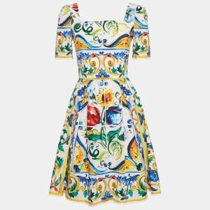 Pre Owned Dolce & Gabbana White Printed Poplin Mini Dress S