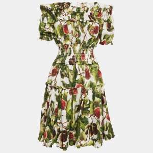 Dolce & Gabbana Green Fig Print Poplin Shirring Detail Mini Dress XS