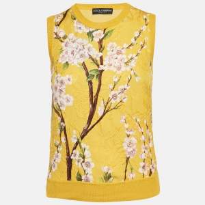 Dolce & Gabbana Yellow Floral Print Silk and Cotton Knit Sleeveless Top S