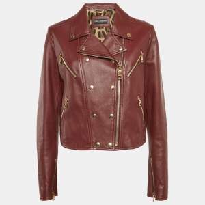 Dolce & Gabbana Burgundy Leather Zip-Up Riders Jacket XL