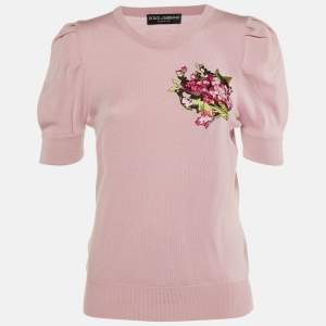 Dolce & Gabbana Pink Wool Knit Floral Appliqued Jumper M