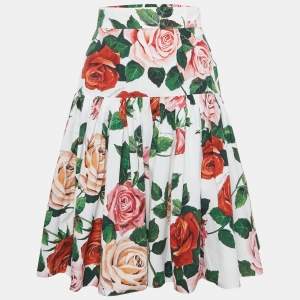 Dolce & Gabbana White Rose Print Gathered Knee Length Skirt XS