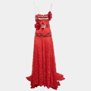Dolce & Gabbana Red Snakeskin Leather Trim Lace Slit Detail Gown S