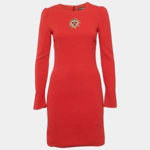 Dolce & Gabbana Red Crepe Logo Embellished Long Sleeve Mini Dress S