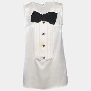 Dolce & Gabbana White Silk Satin Pintuck Detail Sleeveless Top M