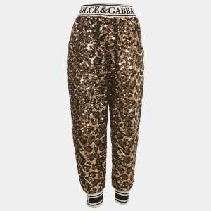 Dolce & Gabbana Gold/Black Sequin Logo Waistband Jogger Pants M