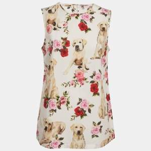 مملوكة مسبقًا Dolce & Gabbana White Dog-Floral Printed Cotton Top S
