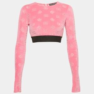 Pre Owned Dolce & Gabbana Pink Monogram Velvet Crop Top S