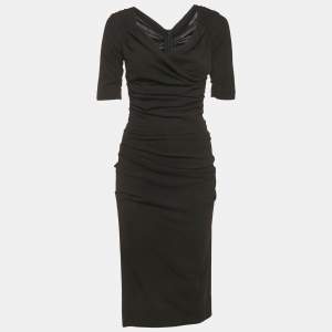Pre Owned Dolce & Gabbana Black Stretch Crepe Wool Ruche Midi Dress S