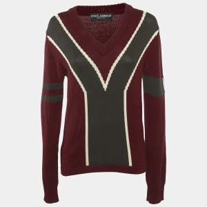 Dolce & Gabbana Red Intarsia Wool Knit V-Neck Sweater L