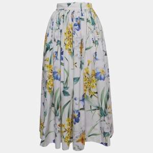 Dolce & Gabbana Exclusive White Floral Print Poplin Gathered Midi Skirt M