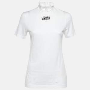 Dolce & Gabbana White Logo Cotton Ruffled Collar T-Shirt S
