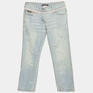 مملوكة مسبقًا Dolce & Gabbana Blue Distressed Denim Rhinestone Detail Crop Jeans S Waist 29"