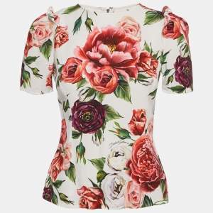 Dolce & Gabbana White Floral Print Crepe Ruffled Top S