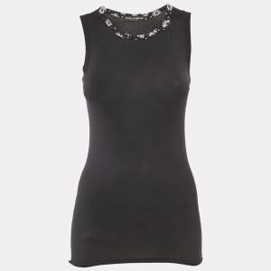 Dolce & Gabbana Black Floral Silk Trim Jersey Sleeveless Top XS