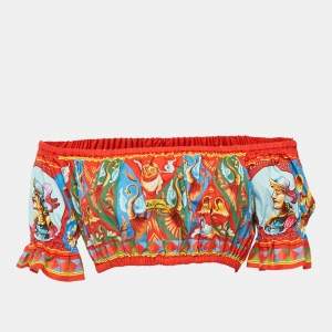 Pre Owned Dolce & Gabbana Red/Blue Carretto Print Cotton Crop Top S