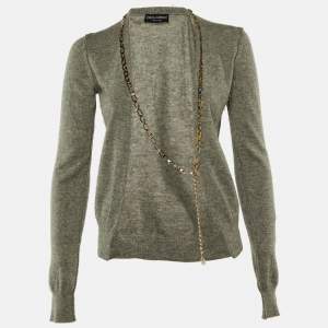 Pre Owned Dolce & Gabbana Grey Cashmere Chain Detail Cardigan S