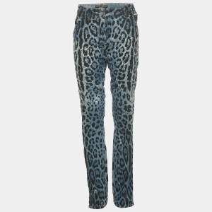 مملوكة مسبقًا Dolce & Gabbana Blue Leopard Print Denim Distressed Jeans L Waist 34"