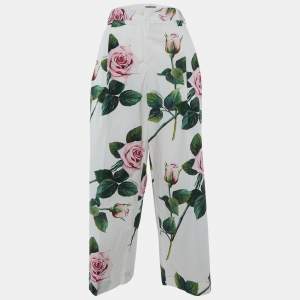 Dolce & Gabbana White Rose Printed Cotton Parallel Pants M