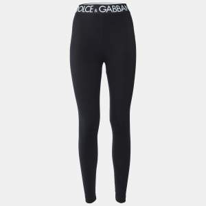 Pre Owned Dolce & Gabbana Black Stretch Cotton Logo Elastic Waist Detail Leggings S