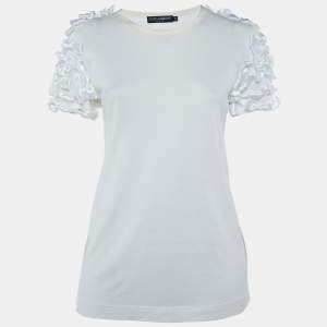 Dolce & Gabbana White Cotton Knit Bow Detail T-Shirt L