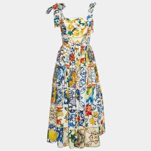 Dolce & Gabbana White/Multicolor Majolica Print Poplin Zip-Up Midi Dress S