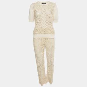 Pre Owned Dolce & Gabbana Cream Lace Knit Top and Pants Set M