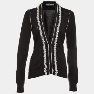 Pre Owned Dolce & Gabbana Black Virgin Wool Embellished Cardigan M
