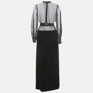 Pre Owned Dolce & Gabbana Black Organza And Velvet Belted Long Dress XS