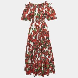 Pre Owned Dolce & Gabbana Red Anemoni Print Poplin Midi Dress S