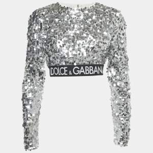 Pre Owned Dolce & Gabbana Silver Sequin Tulle Logo Trim Detail Crop Top M