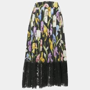 Pre Owned Dolce & Gabbana Black Floral Print Silk & Lace Trim Midi Skirt M